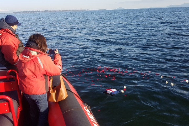 a person sitting next to a body of water