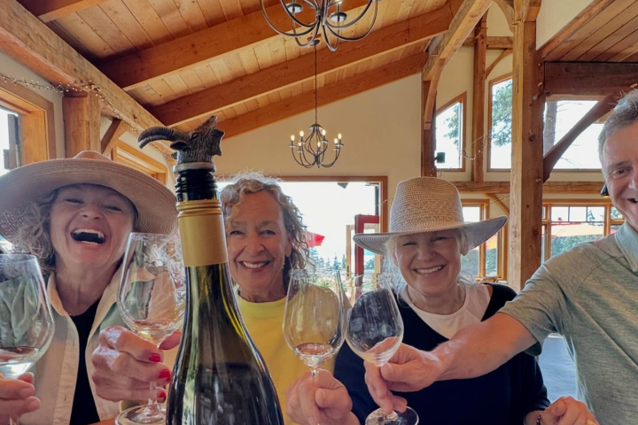 a group of people sitting at a table with wine glasses